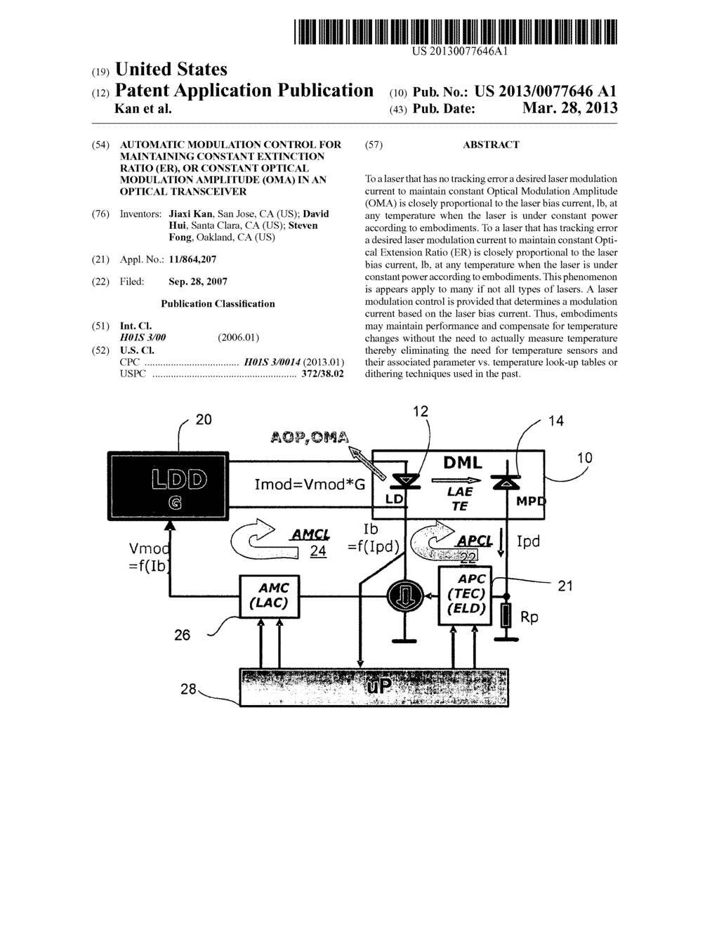 AUTOMATIC MODULATION CONTROL FOR MAINTAINING CONSTANT EXTINCTION RATIO     (ER), OR CONSTANT OPTICAL MODULATION AMPLITUDE (OMA) IN AN OPTICAL     TRANSCEIVER - diagram, schematic, and image 01