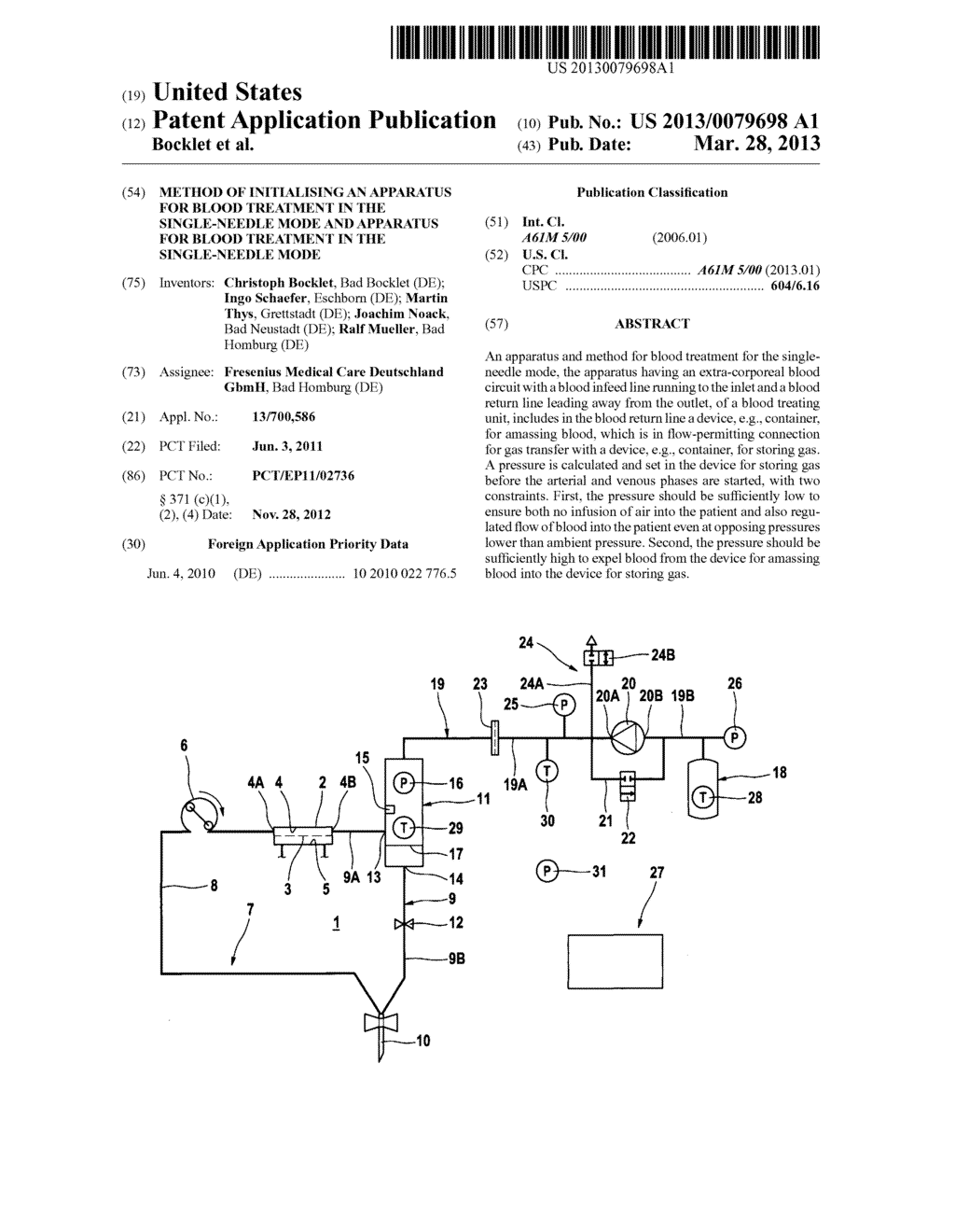 METHOD OF INITIALISING AN APPARATUS FOR BLOOD TREATMENT IN THE     SINGLE-NEEDLE MODE AND APPARATUS FOR BLOOD TREATMENT IN THE SINGLE-NEEDLE     MODE - diagram, schematic, and image 01