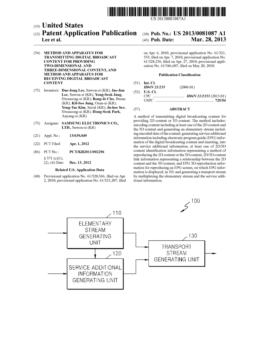 METHOD AND APPARATUS FOR TRANSMITTING DIGITAL BROADCAST CONTENT FOR     PROVIDING TWO-DIMENSIONAL AND THREE-DIMENSIONAL CONTENT, AND METHOD AND     APPARATUS FOR RECEIVING DIGITAL BROADCAST CONTENT - diagram, schematic, and image 01