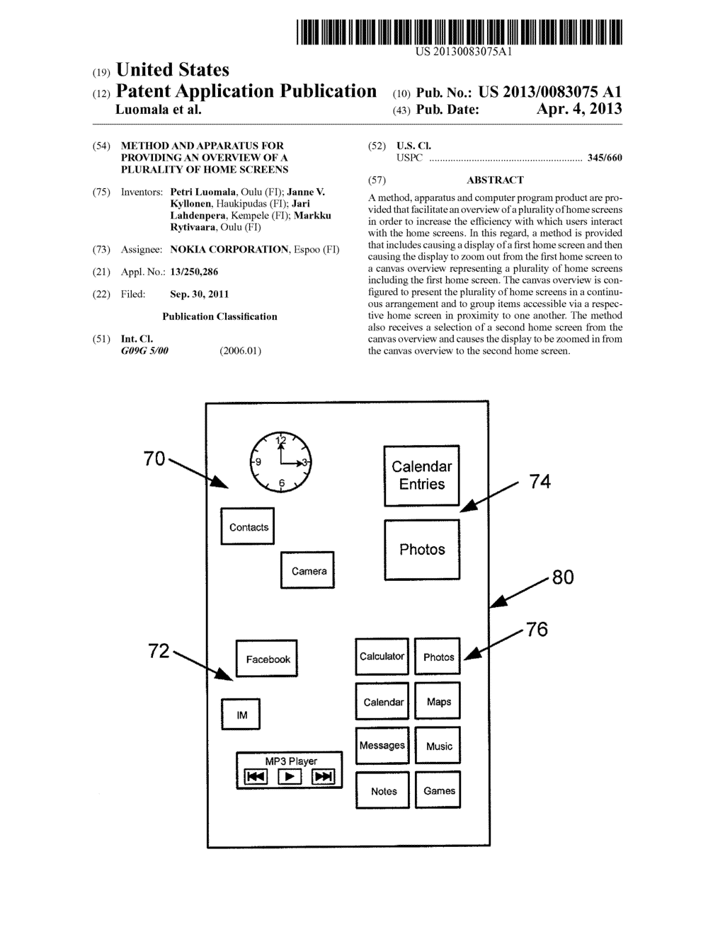 METHOD AND APPARATUS FOR PROVIDING AN OVERVIEW OF A PLURALITY OF HOME     SCREENS - diagram, schematic, and image 01