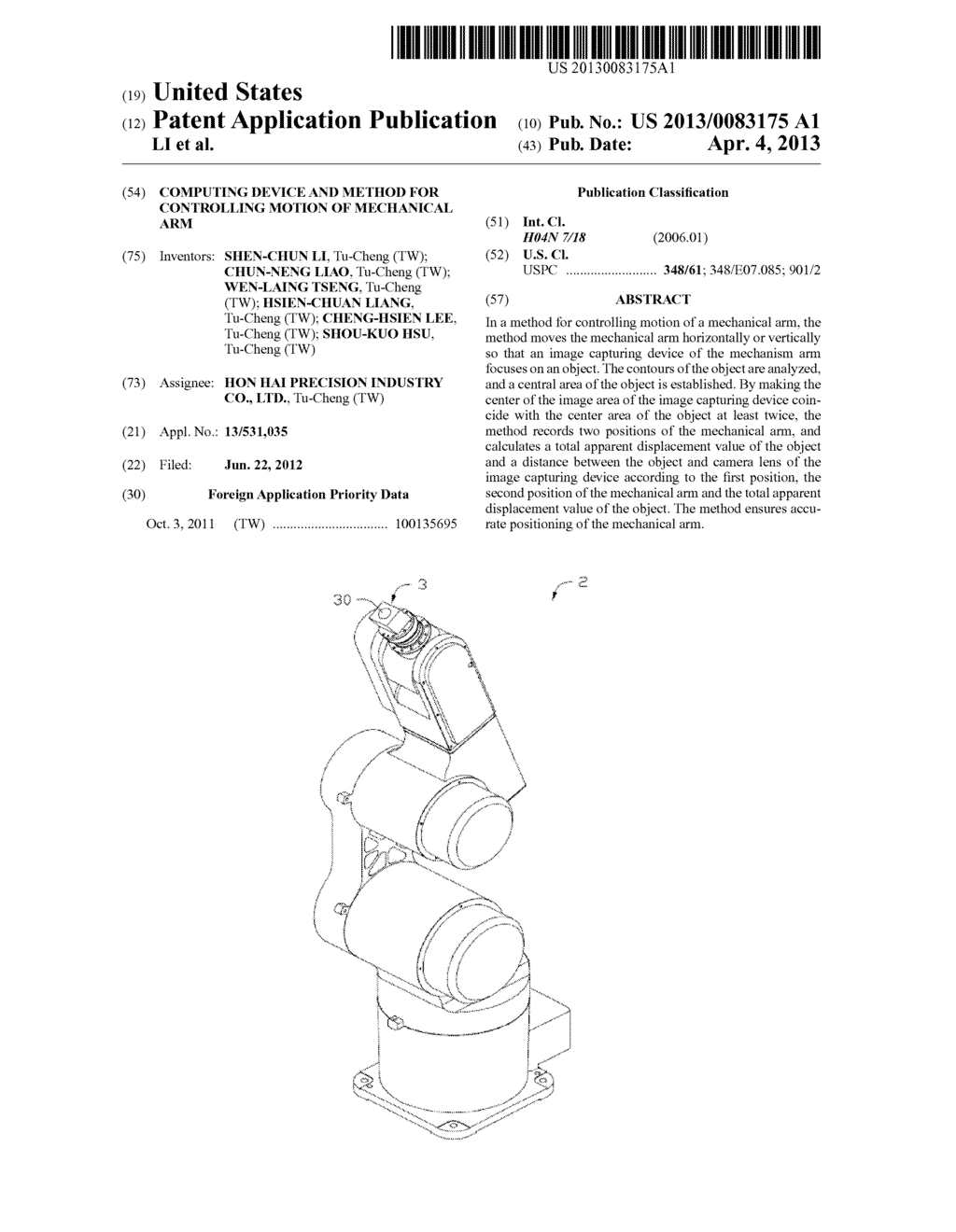 COMPUTING DEVICE AND METHOD FOR CONTROLLING MOTION OF MECHANICAL ARM - diagram, schematic, and image 01