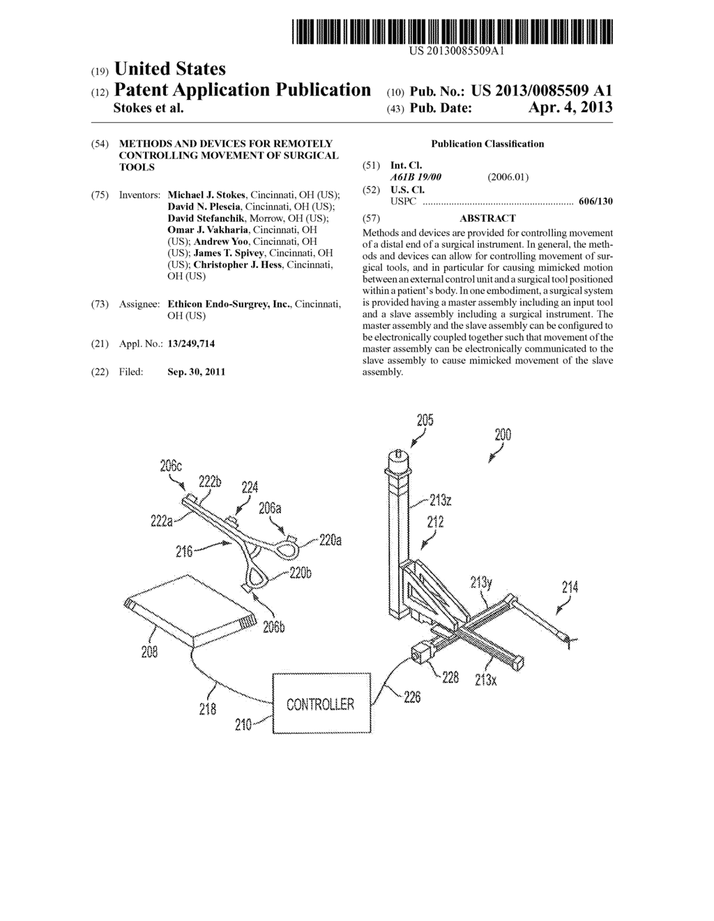 METHODS AND DEVICES FOR REMOTELY CONTROLLING MOVEMENT OF SURGICAL TOOLS - diagram, schematic, and image 01