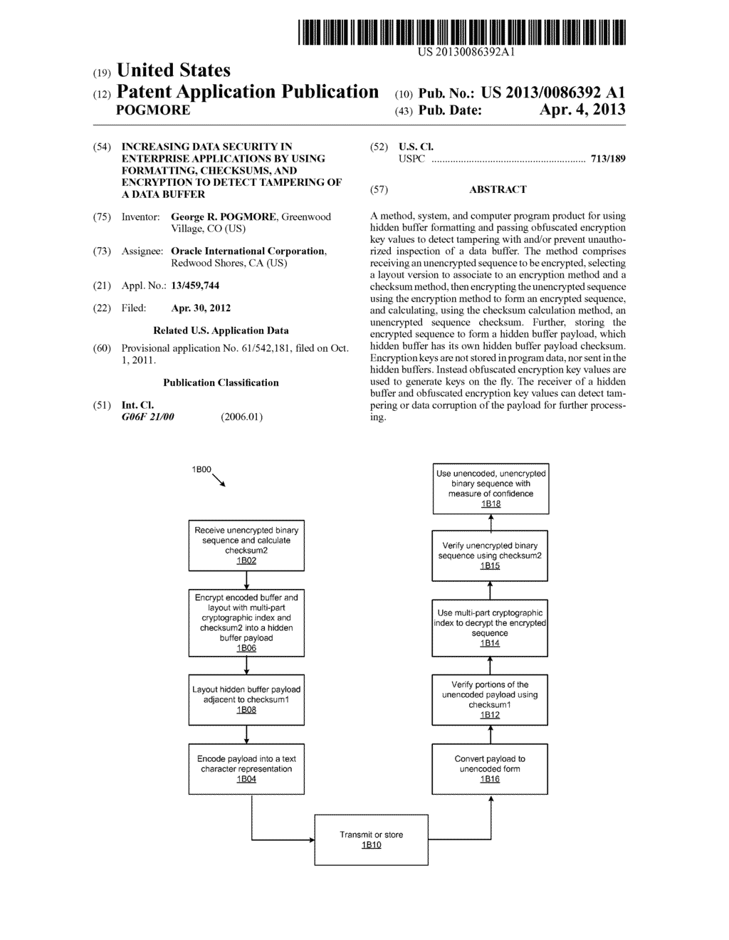 INCREASING DATA SECURITY IN ENTERPRISE APPLICATIONS BY USING FORMATTING,     CHECKSUMS, AND ENCRYPTION TO DETECT TAMPERING OF A DATA BUFFER - diagram, schematic, and image 01