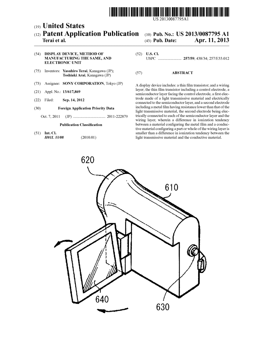 DISPLAY DEVICE, METHOD OF MANUFACTURING THE SAME, AND ELECTRONIC UNIT - diagram, schematic, and image 01