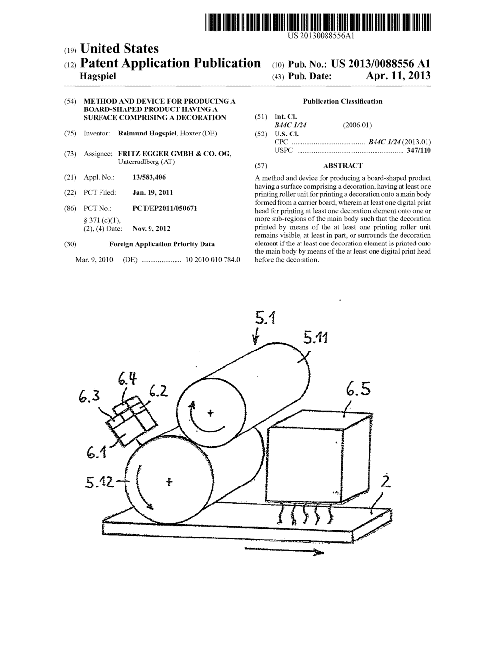 Method and Device for Producing a Board-Shaped Product Having a Surface     Comprising a Decoration - diagram, schematic, and image 01