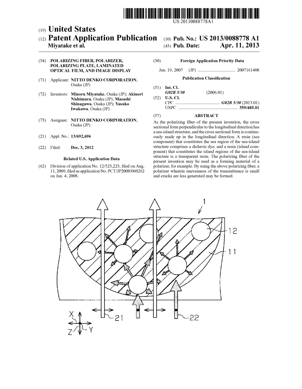 POLARIZING FIBER, POLARIZER, POLARIZING PLATE, LAMINATED OPTICAL FILM, AND     IMAGE DISPLAY - diagram, schematic, and image 01