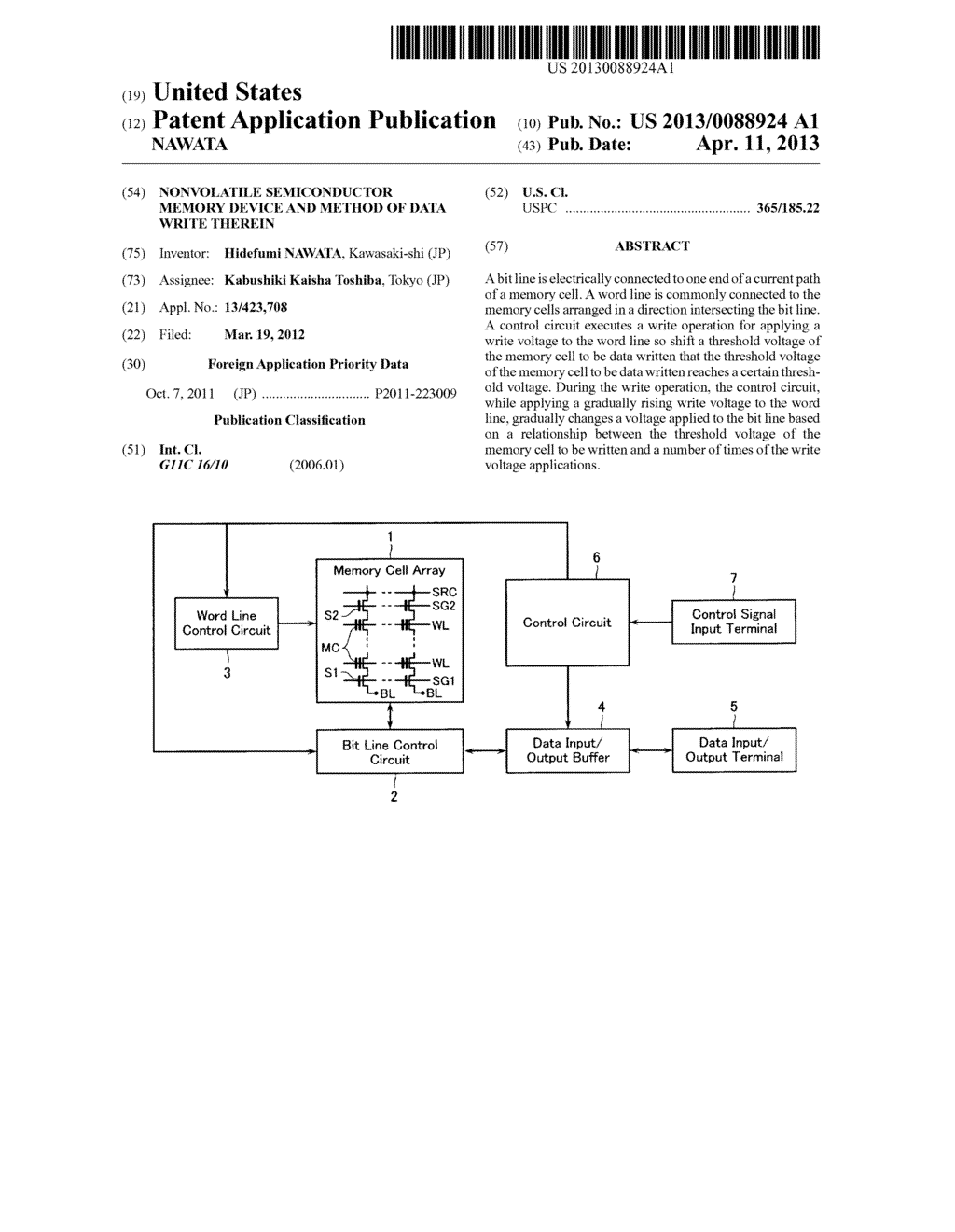 NONVOLATILE SEMICONDUCTOR MEMORY DEVICE AND METHOD OF DATA WRITE THEREIN - diagram, schematic, and image 01