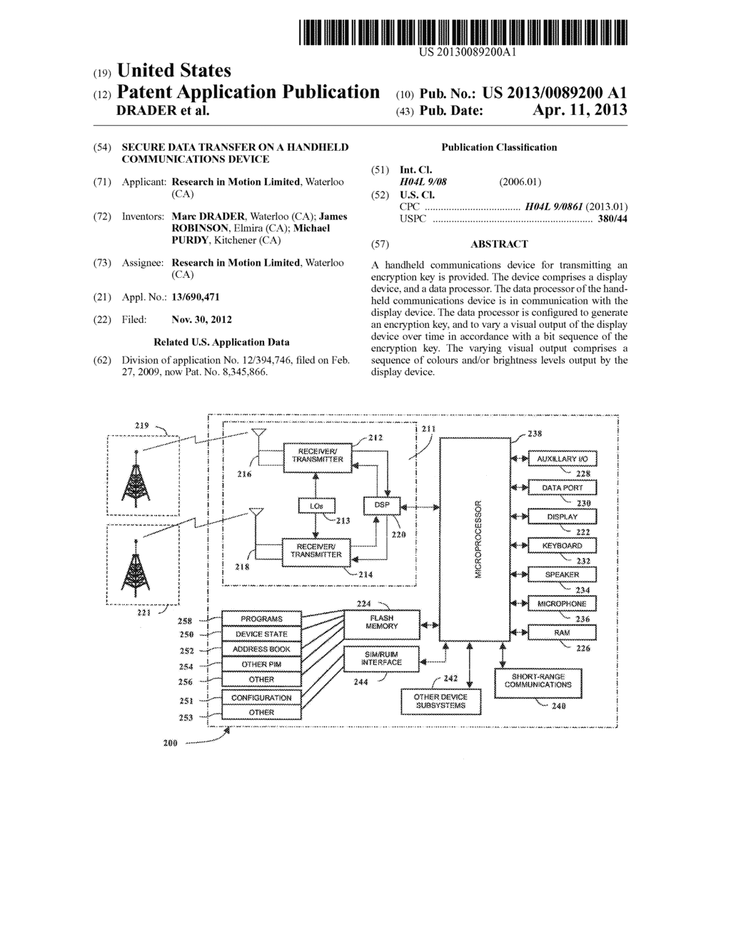 SECURE DATA TRANSFER ON A HANDHELD COMMUNICATIONS DEVICE - diagram, schematic, and image 01