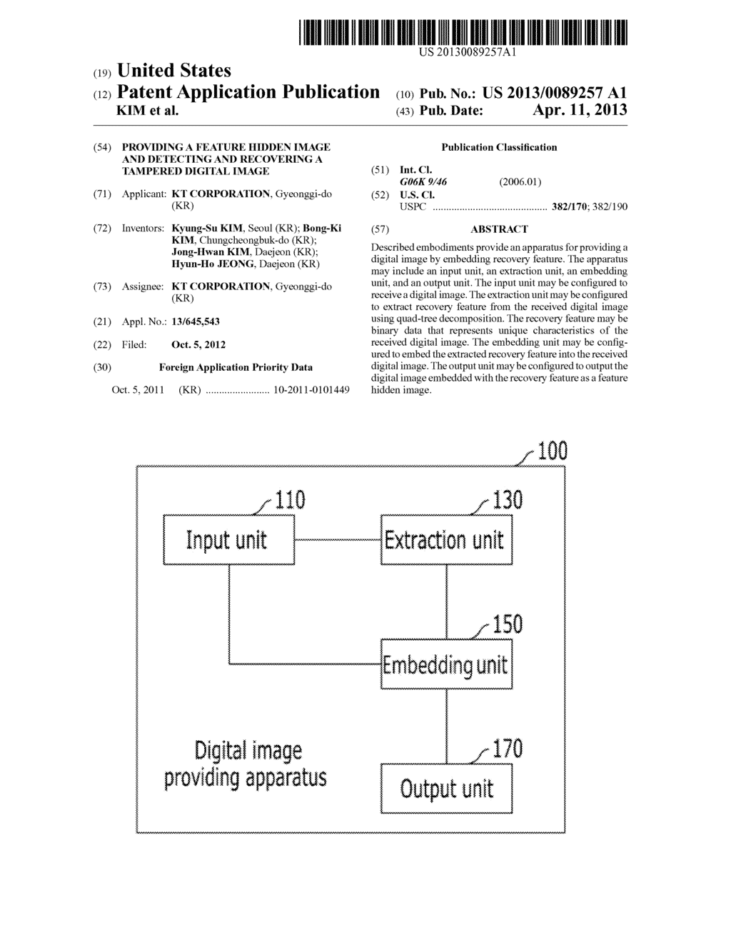 PROVIDING A FEATURE HIDDEN IMAGE AND DETECTING AND RECOVERING A TAMPERED     DIGITAL IMAGE - diagram, schematic, and image 01