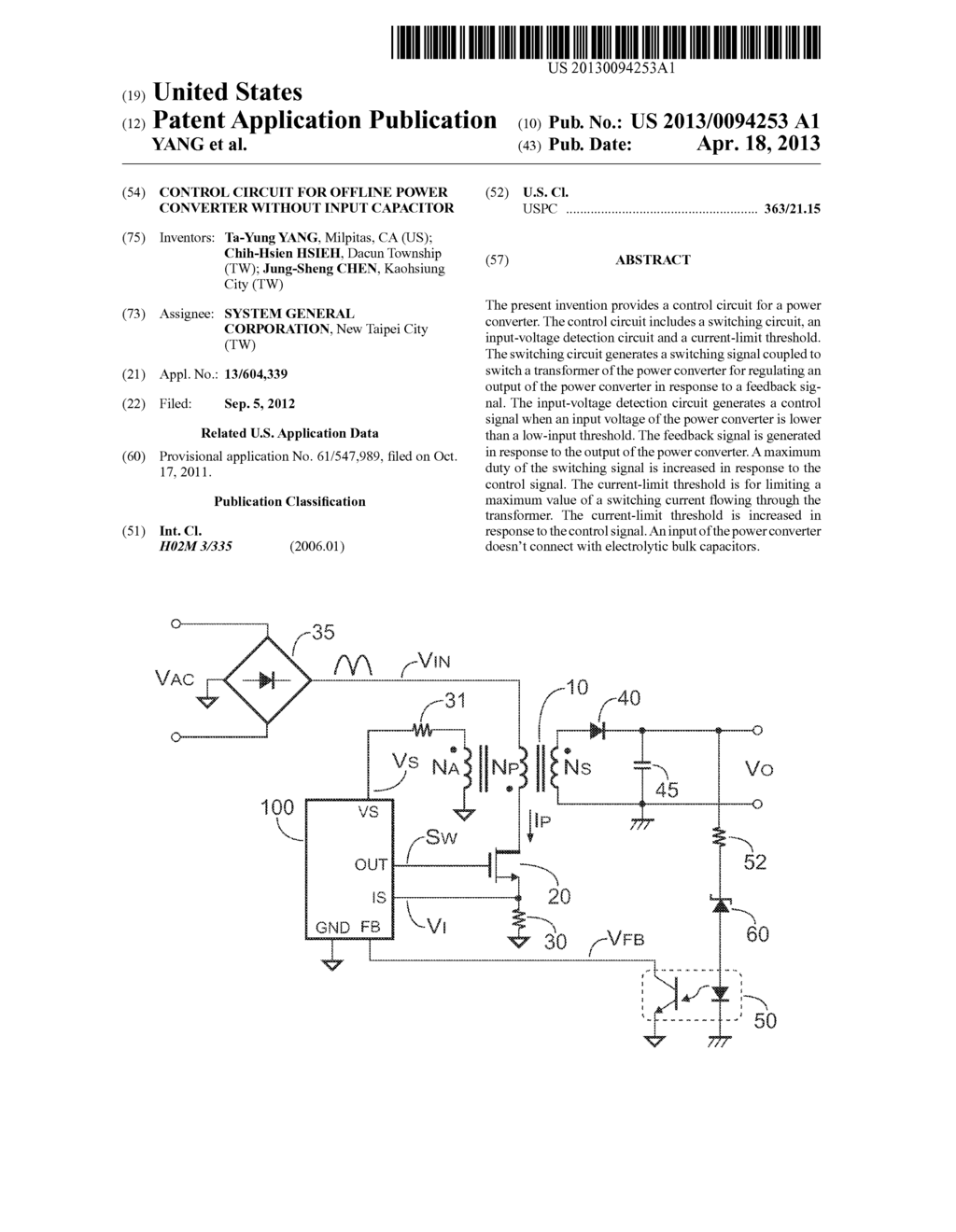 Control Circuit for Offline Power Converter without Input Capacitor - diagram, schematic, and image 01