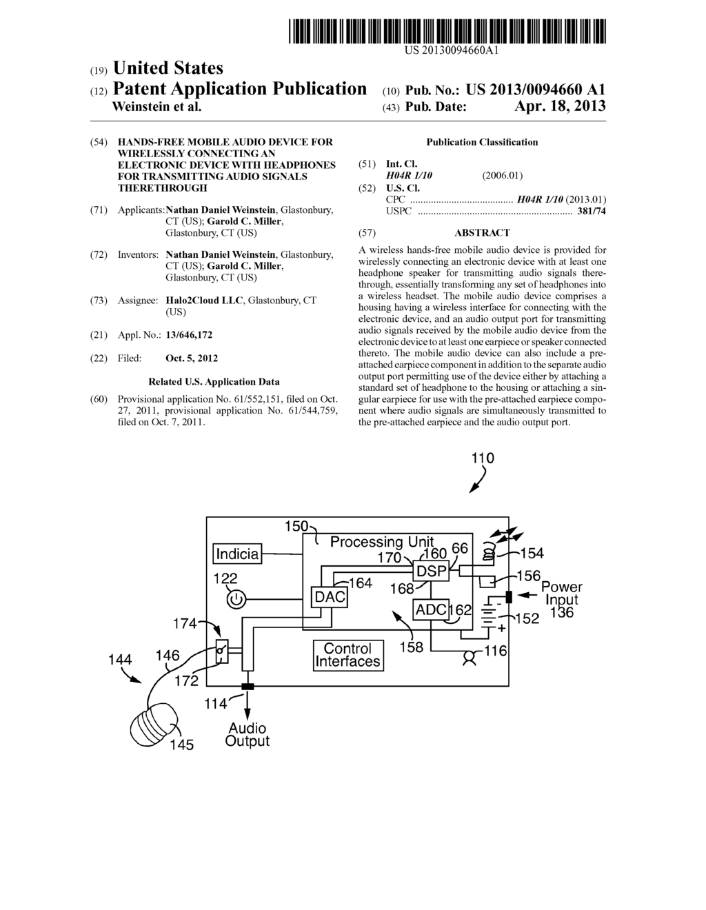 HANDS-FREE MOBILE AUDIO DEVICE FOR WIRELESSLY CONNECTING AN ELECTRONIC     DEVICE WITH HEADPHONES FOR TRANSMITTING AUDIO SIGNALS THERETHROUGH - diagram, schematic, and image 01