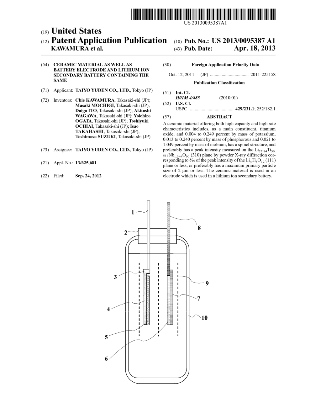 CERAMIC MATERIAL AS WELL AS BATTERY ELECTRODE AND LITHIUM ION SECONDARY     BATTERY CONTAINING THE SAME - diagram, schematic, and image 01