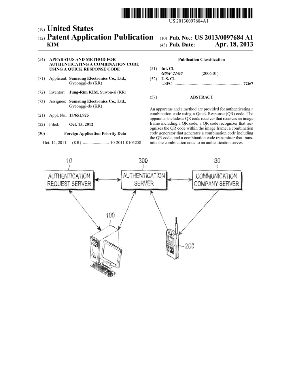 APPARATUS AND METHOD FOR AUTHENTICATING A COMBINATION CODE USING A QUICK     RESPONSE CODE - diagram, schematic, and image 01