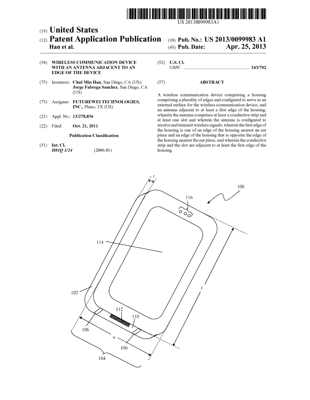 Wireless Communication Device with an Antenna Adjacent to an Edge of the     Device - diagram, schematic, and image 01