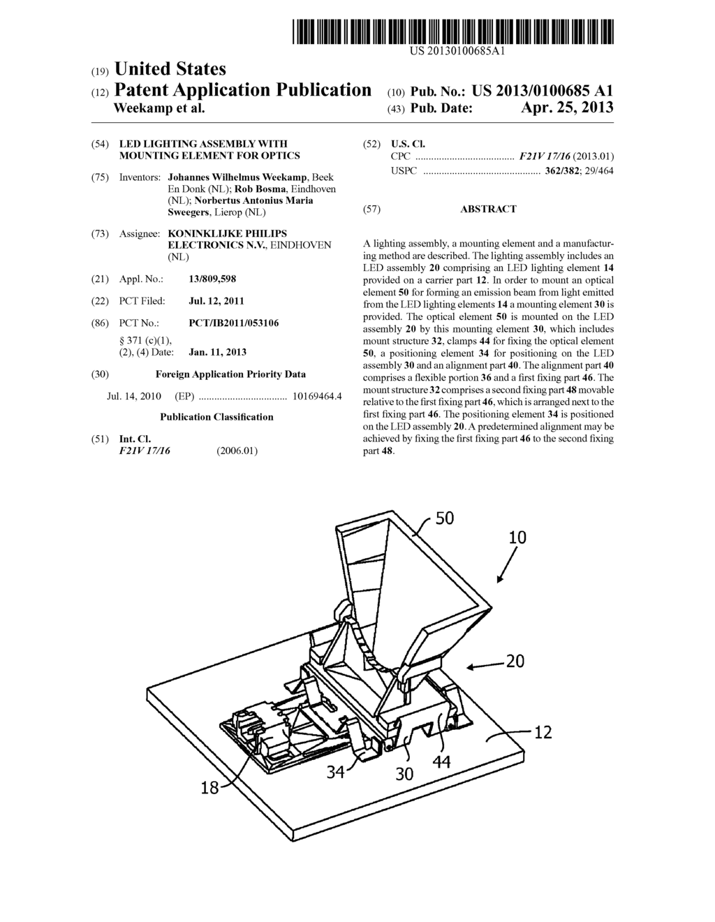 LED LIGHTING ASSEMBLY WITH MOUNTING ELEMENT FOR OPTICS - diagram, schematic, and image 01