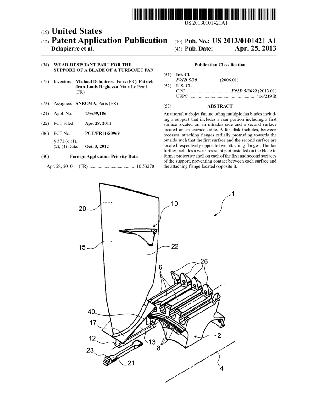 WEAR-RESISTANT PART FOR THE SUPPORT OF A BLADE OF A TURBOJET FAN - diagram, schematic, and image 01