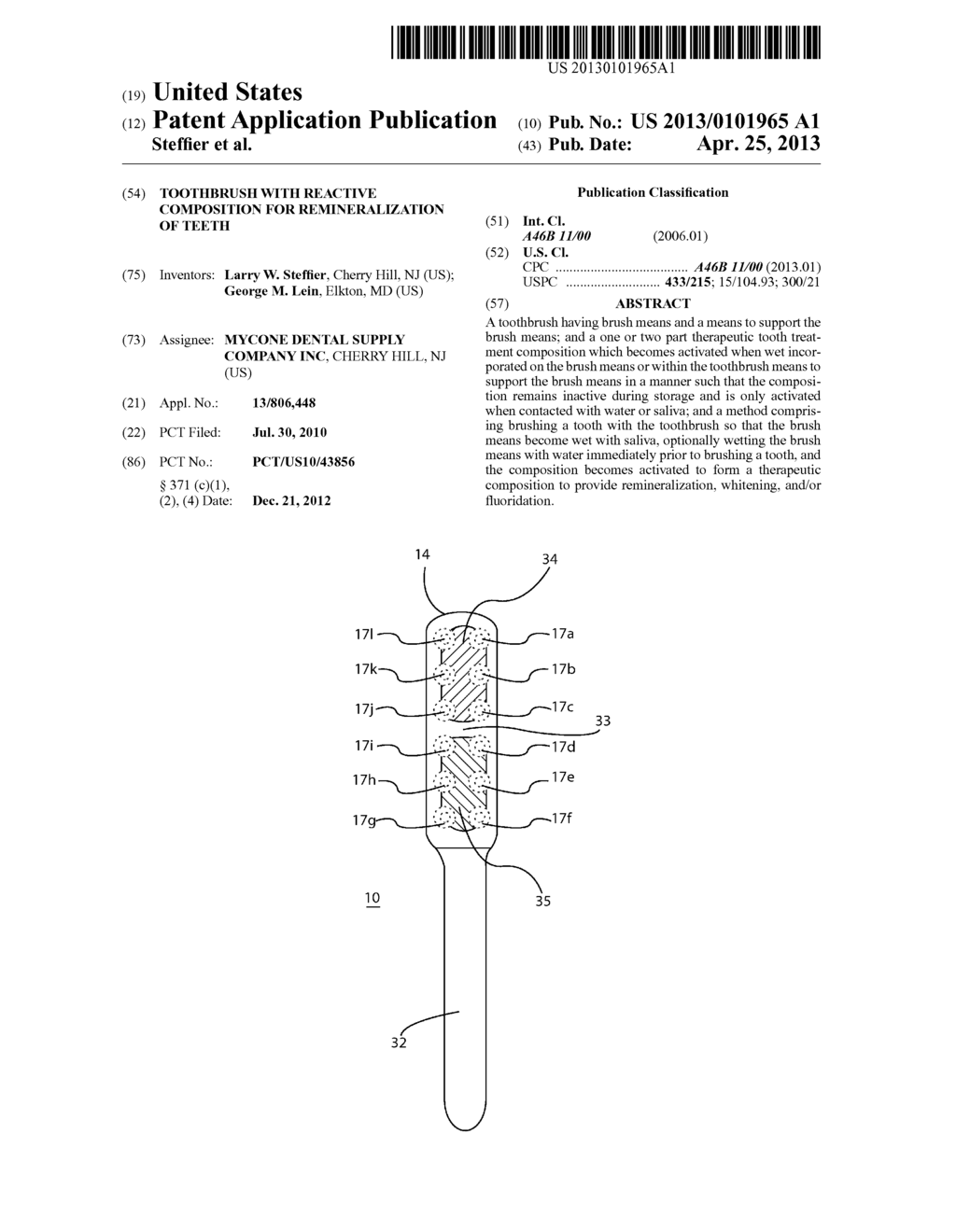 TOOTHBRUSH WITH REACTIVE COMPOSITION FOR REMINERALIZATION OF TEETH - diagram, schematic, and image 01