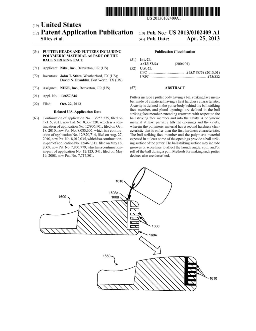 Putter Heads and Putters Including Polymeric Material As Part of the Ball     Striking Face - diagram, schematic, and image 01