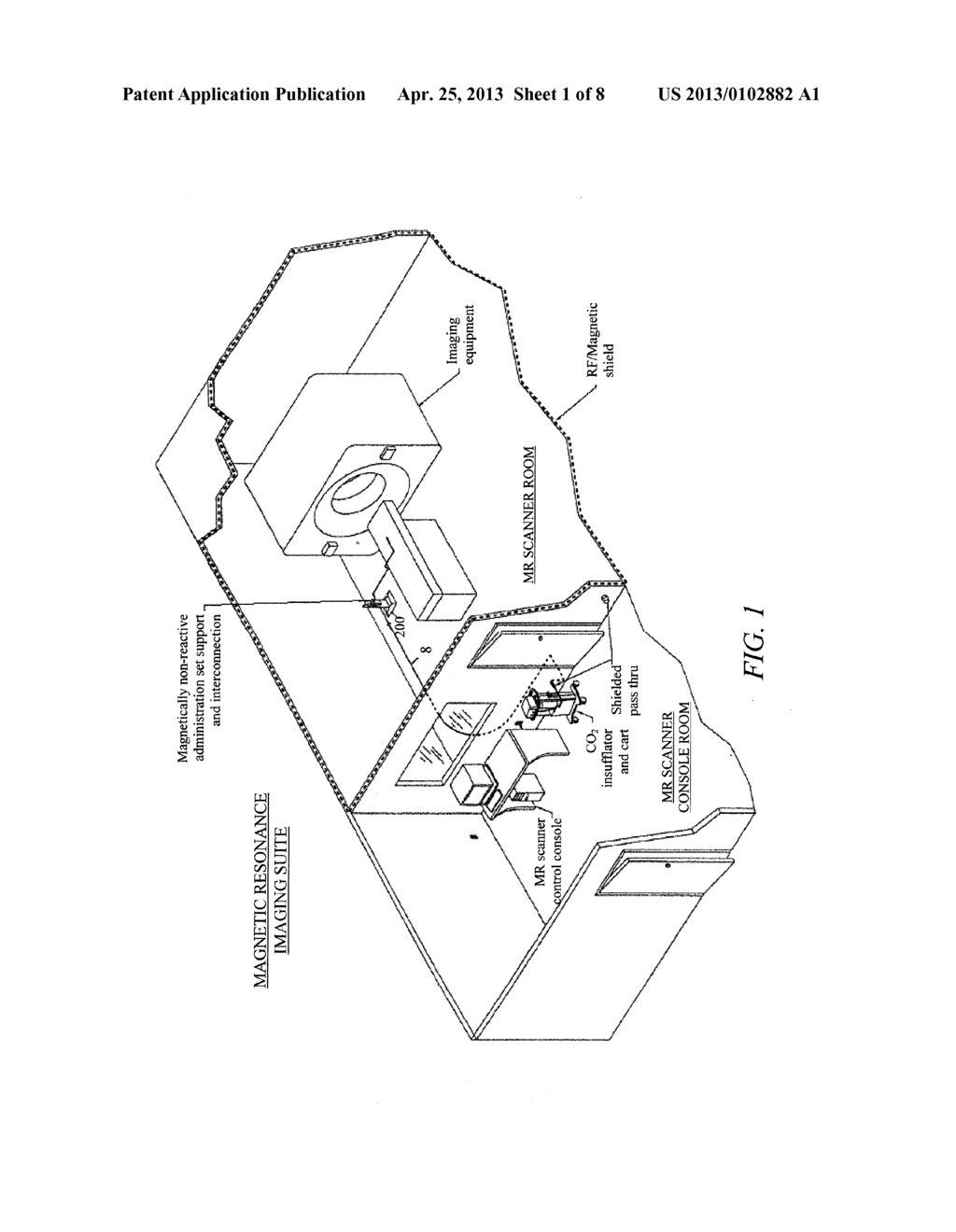 SYSTEM, IMAGING SUITE, AND METHOD FOR USING AN ELECTRO-PNEUMATIC     INSUFFLATOR FOR MAGNETIC RESONANCE IMAGING - diagram, schematic, and image 02