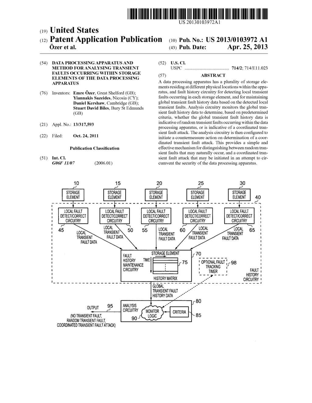 Data processing apparatus and method for analysing transient faults     occurring within storage elements of the data processing apparatus - diagram, schematic, and image 01