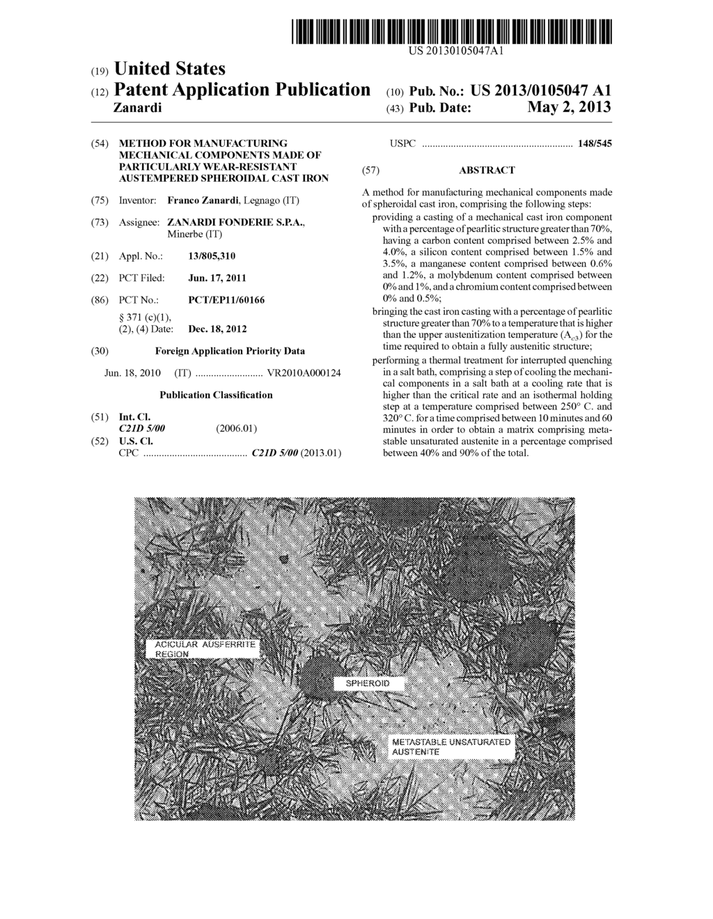 METHOD FOR MANUFACTURING MECHANICAL COMPONENTS MADE OF PARTICULARLY     WEAR-RESISTANT AUSTEMPERED SPHEROIDAL CAST IRON - diagram, schematic, and image 01