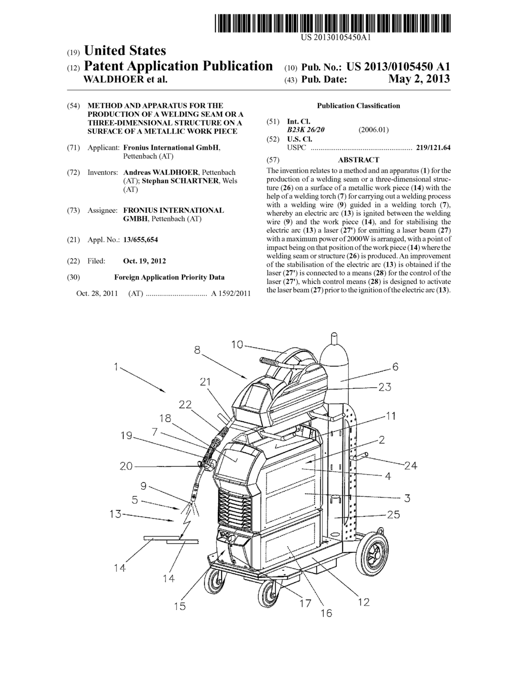 METHOD AND APPARATUS FOR THE PRODUCTION OF A WELDING SEAM OR A     THREE-DIMENSIONAL STRUCTURE ON A SURFACE OF A METALLIC WORK PIECE - diagram, schematic, and image 01