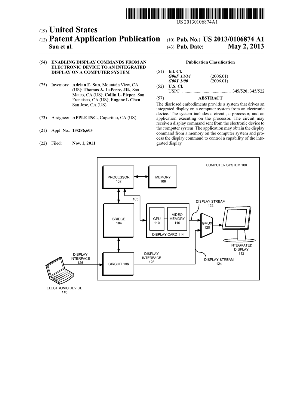 ENABLING DISPLAY COMMANDS FROM AN ELECTRONIC DEVICE TO AN INTEGRATED     DISPLAY ON A COMPUTER SYSTEM - diagram, schematic, and image 01