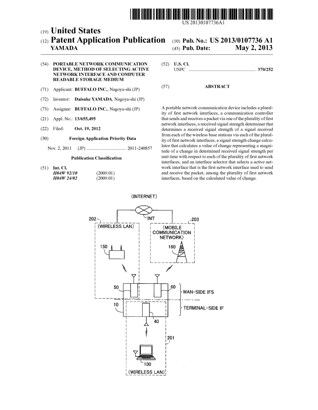 PORTABLE NETWORK COMMUNICATION DEVICE, METHOD OF SELECTING ACTIVE NETWORK     INTERFACE AND COMPUTER READABLE STORAGE MEDIUM - diagram, schematic, and image 01