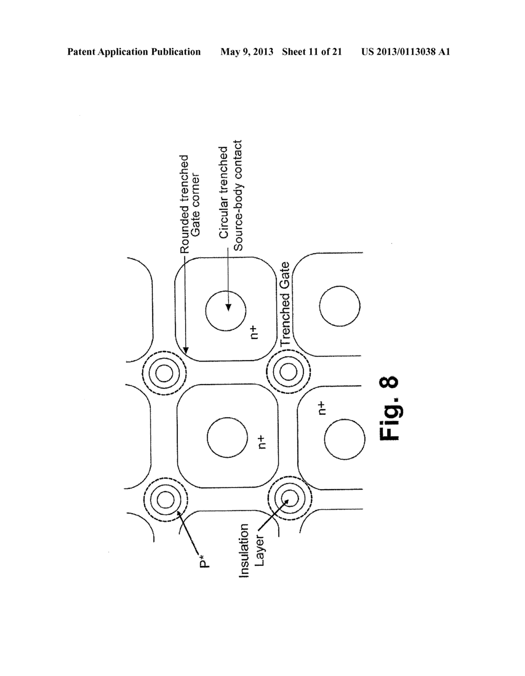 TRENCH MOSFET WITH SPLIT TRENCHED GATE STRUCTURES IN CELL CORNERS FOR GATE     CHARGE REDUCTION - diagram, schematic, and image 12