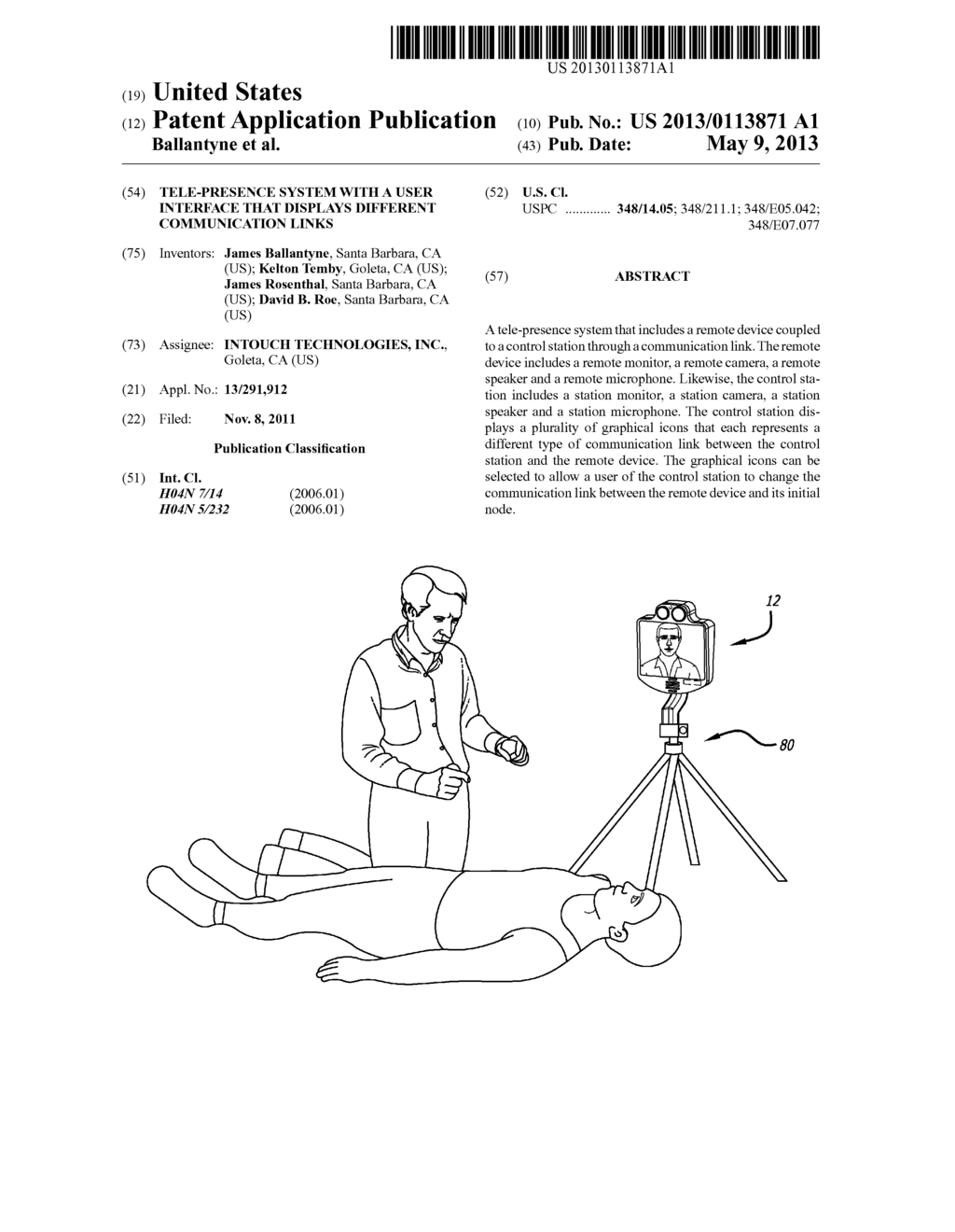 TELE-PRESENCE SYSTEM WITH A USER INTERFACE THAT DISPLAYS DIFFERENT     COMMUNICATION LINKS - diagram, schematic, and image 01