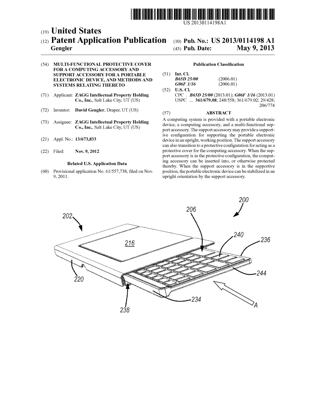 MULTI-FUNCTIONAL PROTECTIVE COVER FOR A COMPUTING ACCESSORY AND SUPPORT     ACCESSORY FOR A PORTABLE ELECTRONIC DEVICE, AND METHODS AND SYSTEMS     RELATING THERETO - diagram, schematic, and image 01