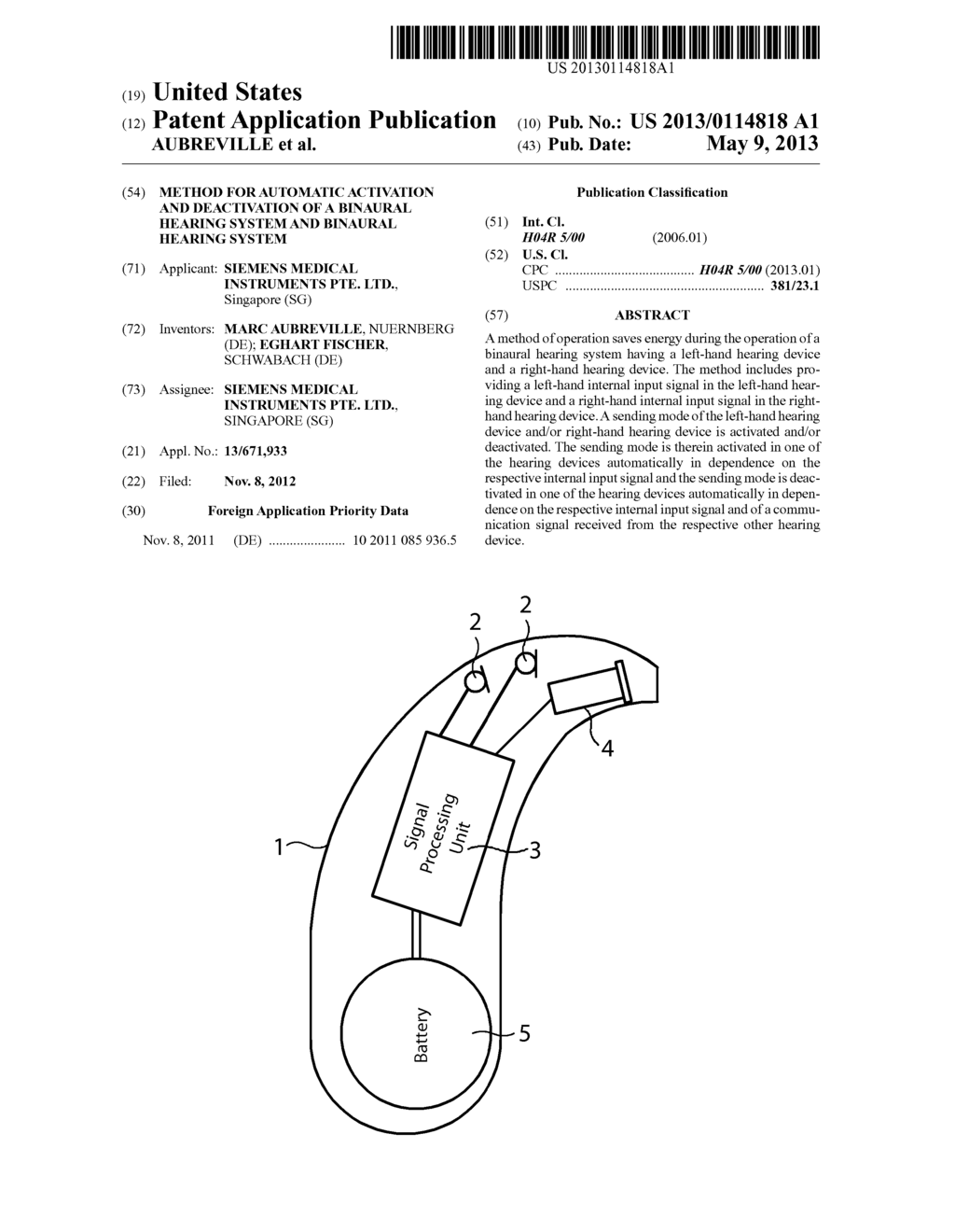 METHOD FOR AUTOMATIC ACTIVATION AND DEACTIVATION OF A BINAURAL HEARING     SYSTEM AND BINAURAL HEARING SYSTEM - diagram, schematic, and image 01