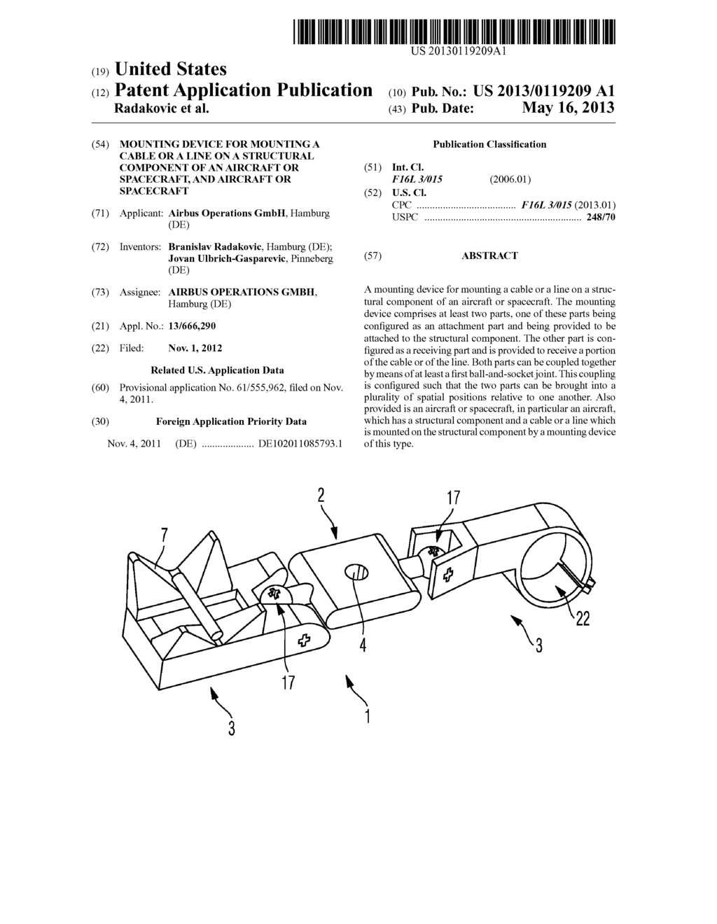 MOUNTING DEVICE FOR MOUNTING A CABLE OR A LINE ON A STRUCTURAL COMPONENT     OF AN AIRCRAFT OR SPACECRAFT, AND AIRCRAFT OR SPACECRAFT - diagram, schematic, and image 01