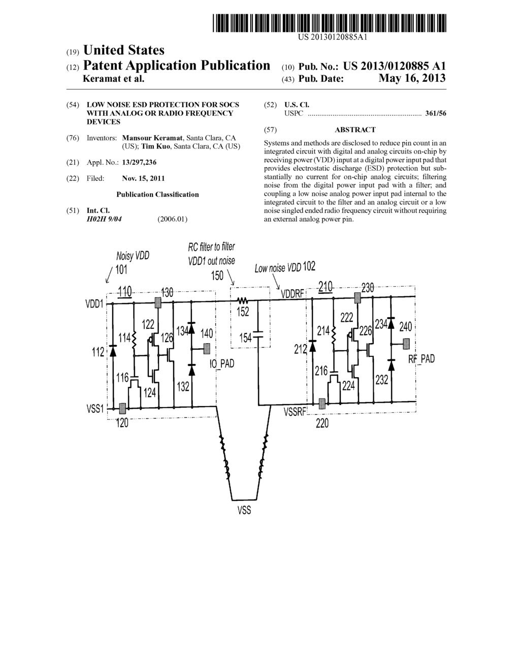 LOW NOISE ESD PROTECTION FOR SOCs WITH ANALOG OR RADIO FREQUENCY DEVICES - diagram, schematic, and image 01