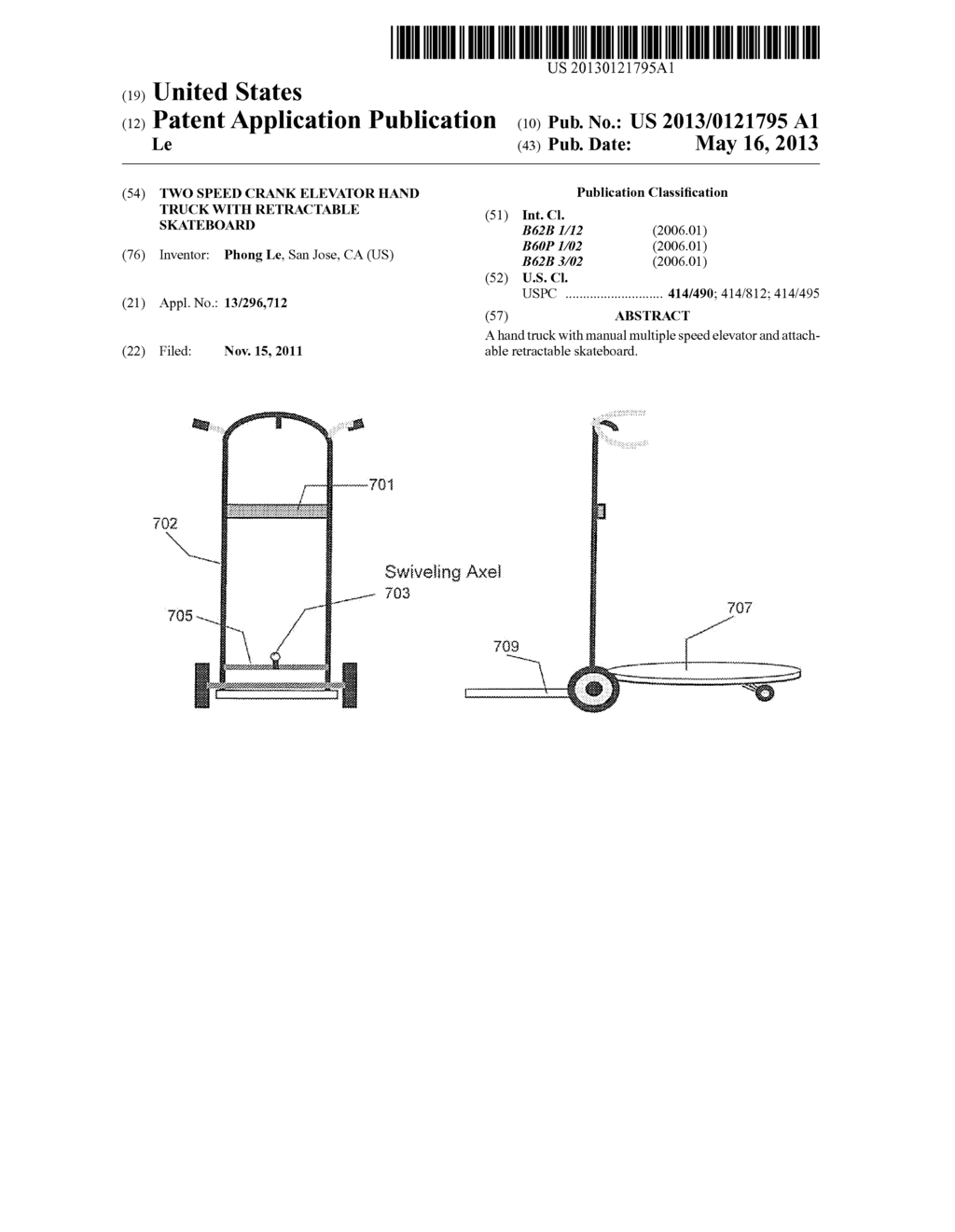 TWO SPEED CRANK ELEVATOR HAND TRUCK WITH RETRACTABLE SKATEBOARD - diagram, schematic, and image 01