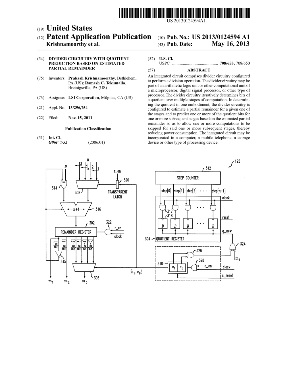 DIVIDER CIRCUITRY WITH QUOTIENT PREDICTION BASED ON ESTIMATED PARTIAL     REMAINDER - diagram, schematic, and image 01