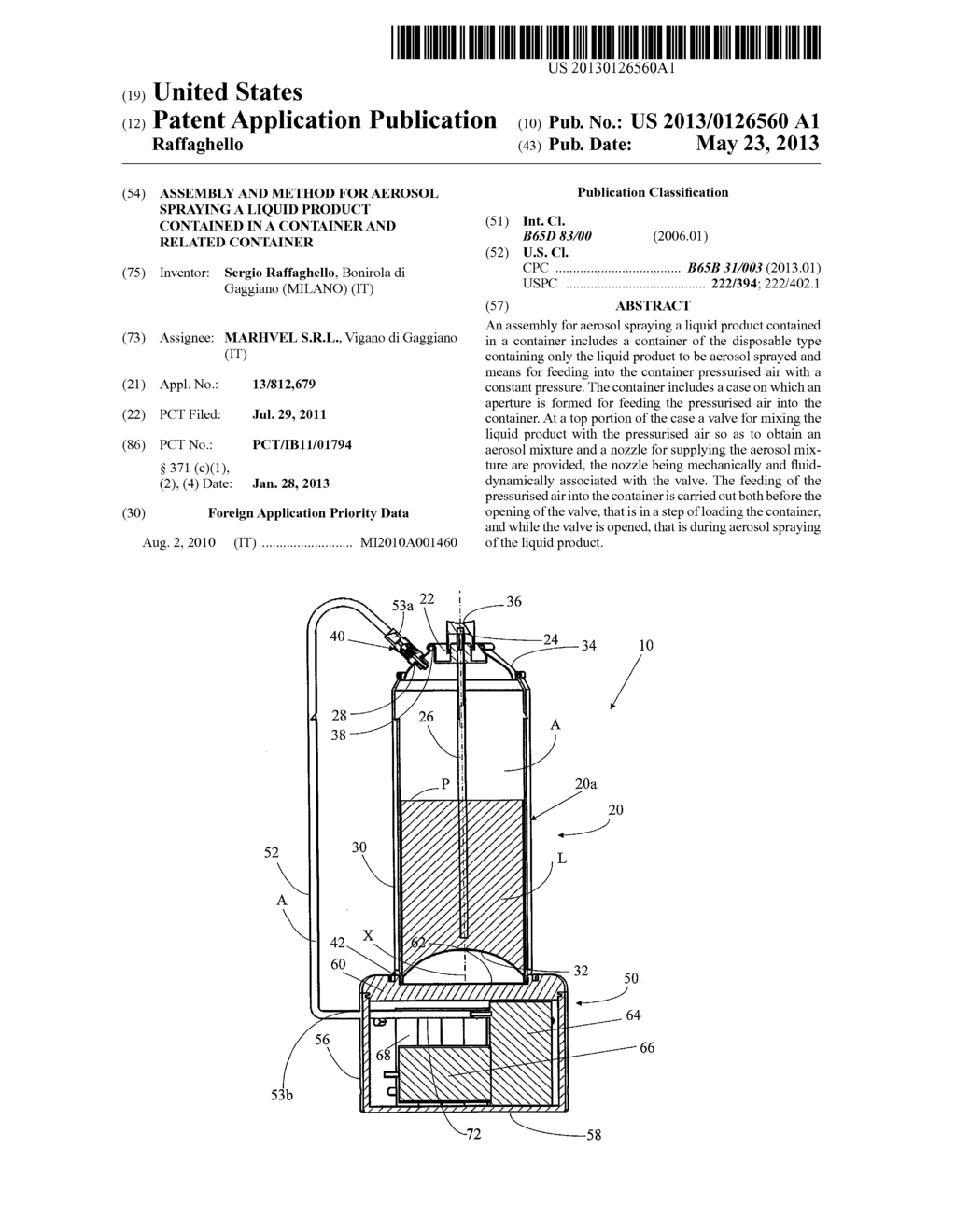 ASSEMBLY AND METHOD FOR AEROSOL SPRAYING A LIQUID PRODUCT CONTAINED IN A     CONTAINER AND RELATED CONTAINER - diagram, schematic, and image 01