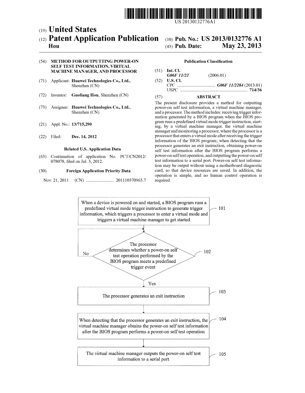 METHOD FOR OUTPUTTING POWER-ON SELF TEST INFORMATION, VIRTUAL MACHINE     MANAGER, AND PROCESSOR - diagram, schematic, and image 01