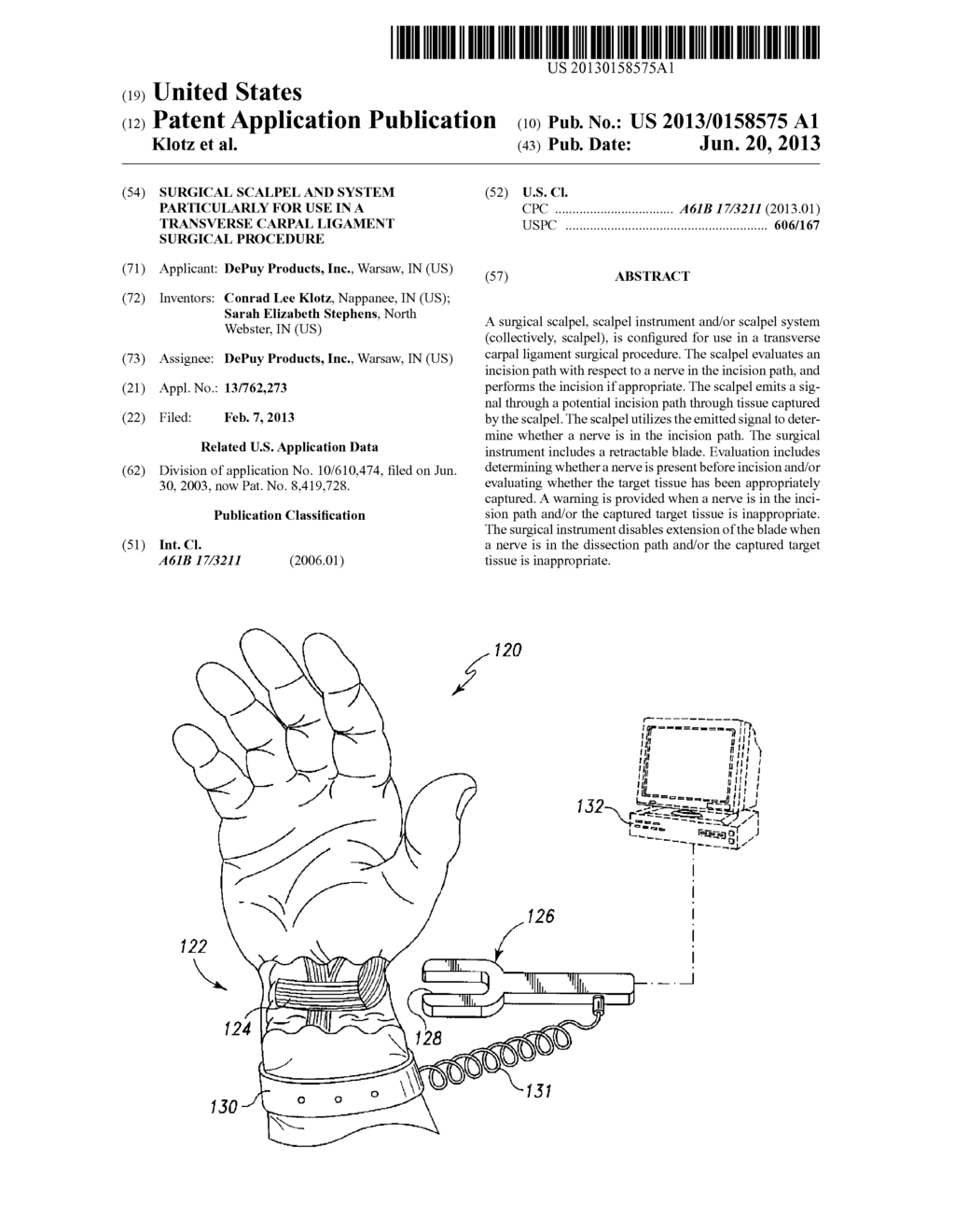 SURGICAL SCALPEL AND SYSTEM PARTICULARLY FOR USE IN A TRANSVERSE CARPAL     LIGAMENT SURGICAL PROCEDURE - diagram, schematic, and image 01