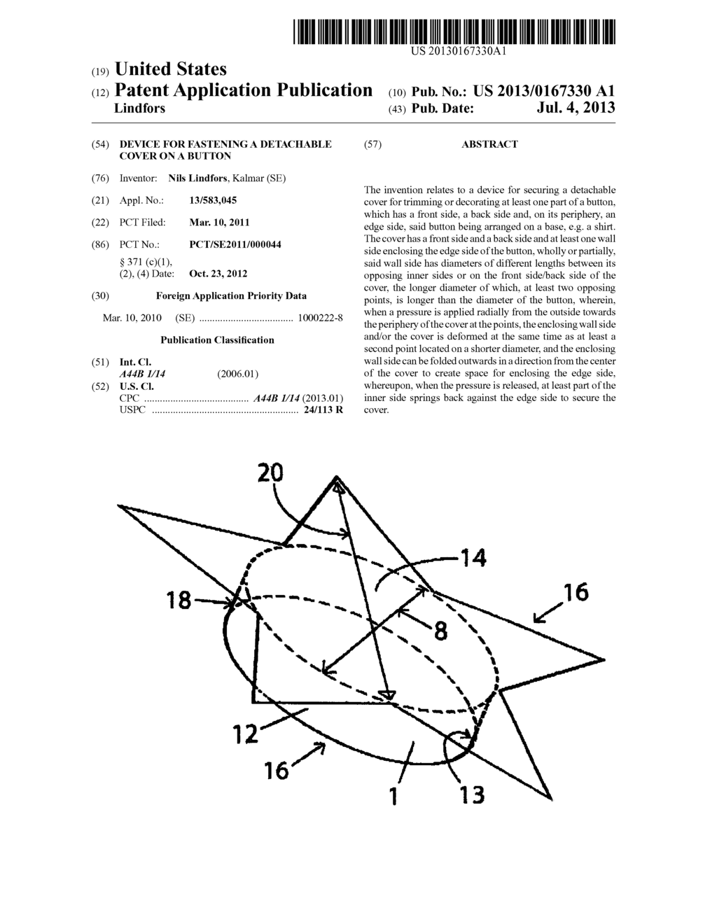 DEVICE FOR FASTENING A DETACHABLE COVER ON A BUTTON - diagram, schematic, and image 01