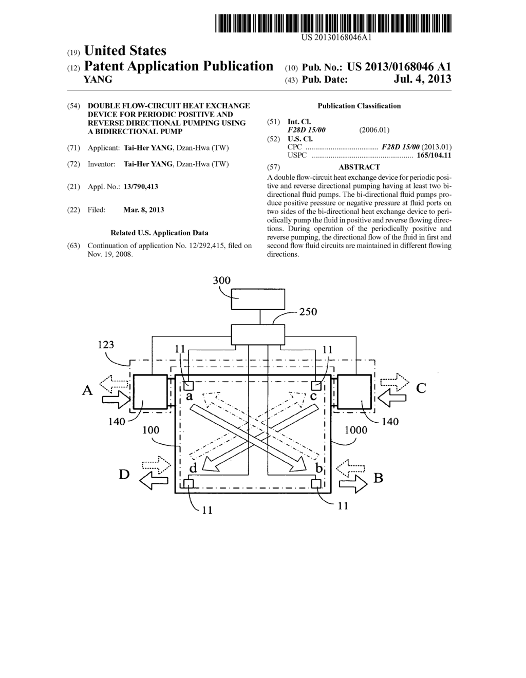 DOUBLE FLOW-CIRCUIT HEAT EXCHANGE DEVICE FOR PERIODIC POSITIVE AND REVERSE     DIRECTIONAL PUMPING USING A BIDIRECTIONAL PUMP - diagram, schematic, and image 01