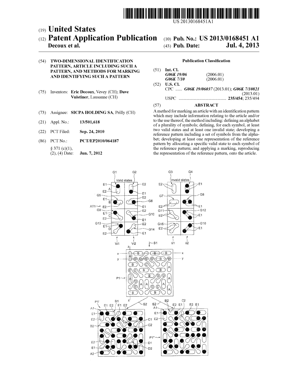 TWO-DIMENSIONAL IDENTIFICATION PATTERN, ARTICLE INCLUDING SUCH A PATTERN,     AND METHODS FOR MARKING AND IDENTIFYING SUCH A PATTERN - diagram, schematic, and image 01