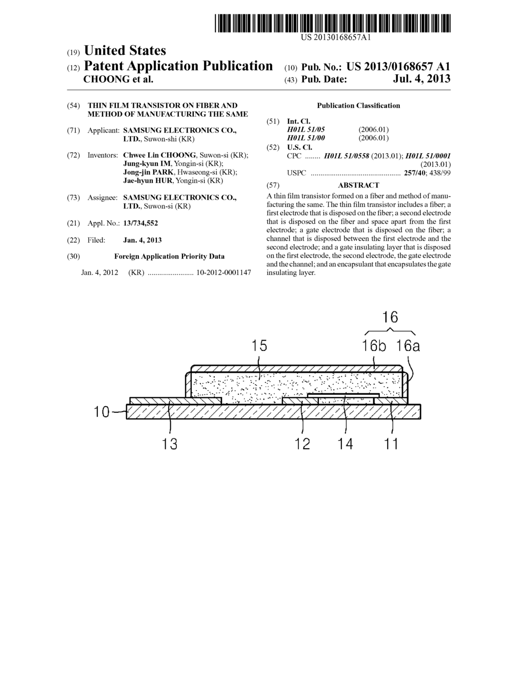 THIN FILM TRANSISTOR ON FIBER AND METHOD OF MANUFACTURING THE SAME - diagram, schematic, and image 01