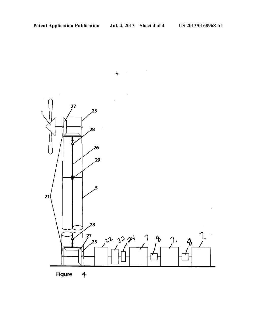 Wind Power to Electric Power Conversion System with Propeller at Top of     Tower and Generators at Bottom of Tower - diagram, schematic, and image 05