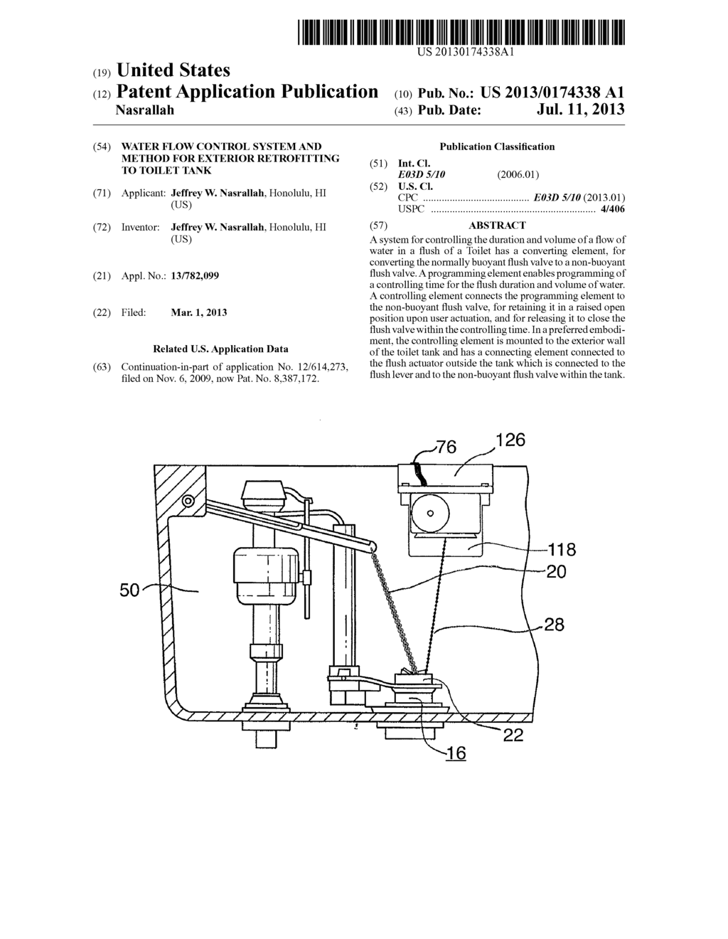 WATER FLOW CONTROL SYSTEM AND METHOD FOR EXTERIOR RETROFITTING TO TOILET     TANK - diagram, schematic, and image 01