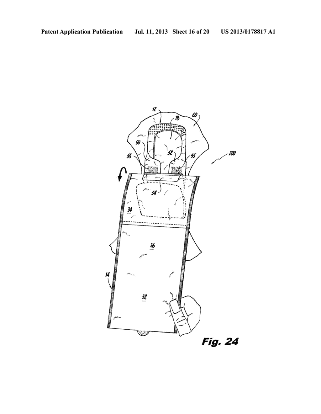 METHOD OF PACKAGING AN ABSORBENT ARTICLE AND ATTACHING THE ABSORBENT     ARTICLE TO AN UNDERGARMENT - diagram, schematic, and image 17