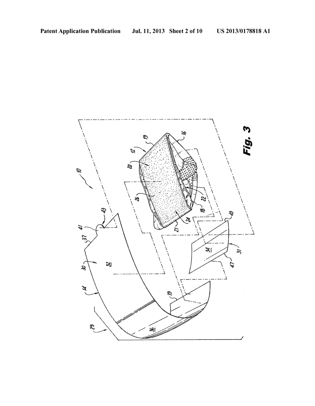 METHOD OF PACKAGING AN ABSORBENT ARTICLE AND ATTACHING THE ABSORBENT     ARTICLE TO AN UNDERGARMENT - diagram, schematic, and image 03