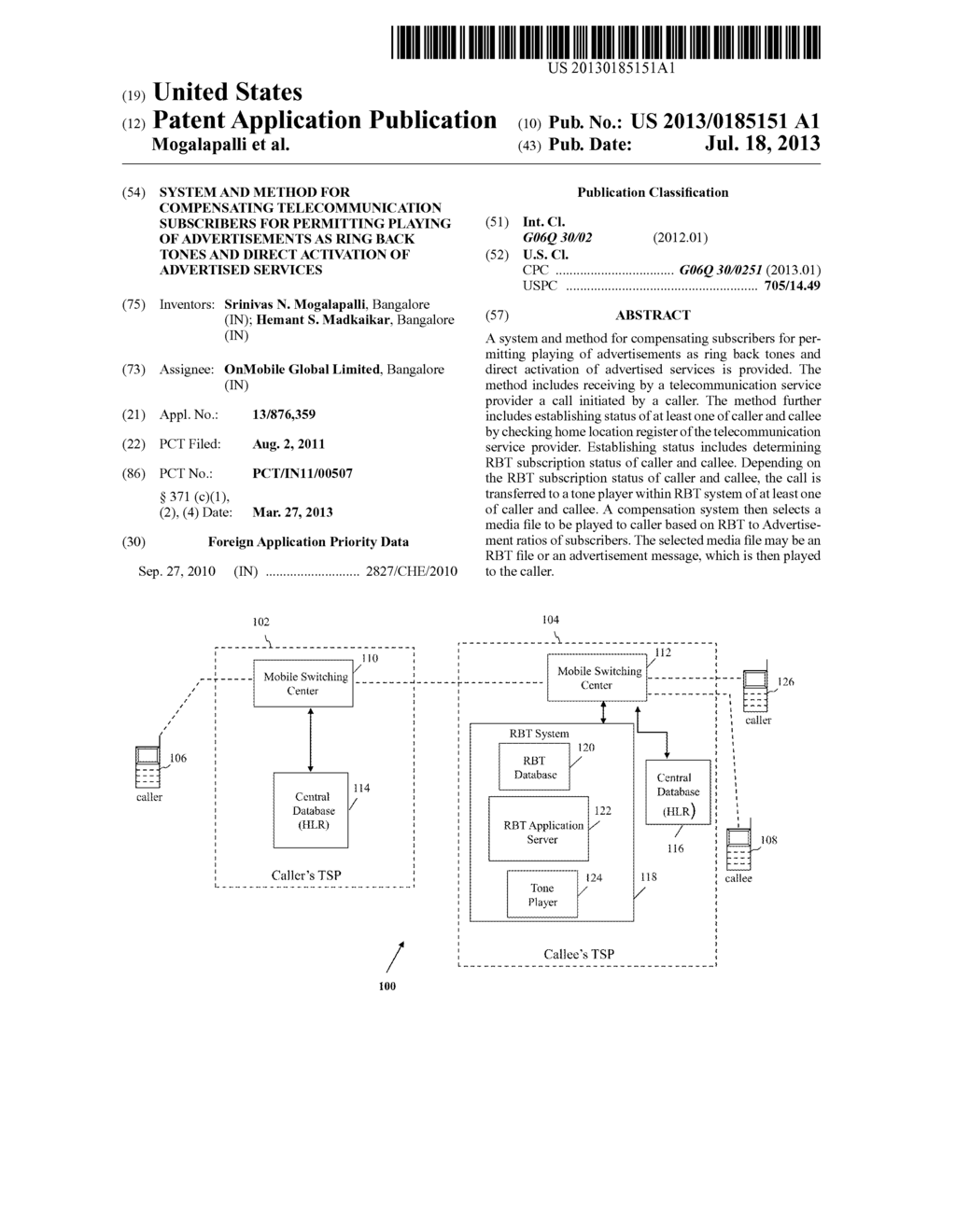 SYSTEM AND METHOD FOR COMPENSATING TELECOMMUNICATION SUBSCRIBERS FOR     PERMITTING PLAYING OF ADVERTISEMENTS AS RING BACK TONES AND DIRECT     ACTIVATION OF ADVERTISED SERVICES - diagram, schematic, and image 01