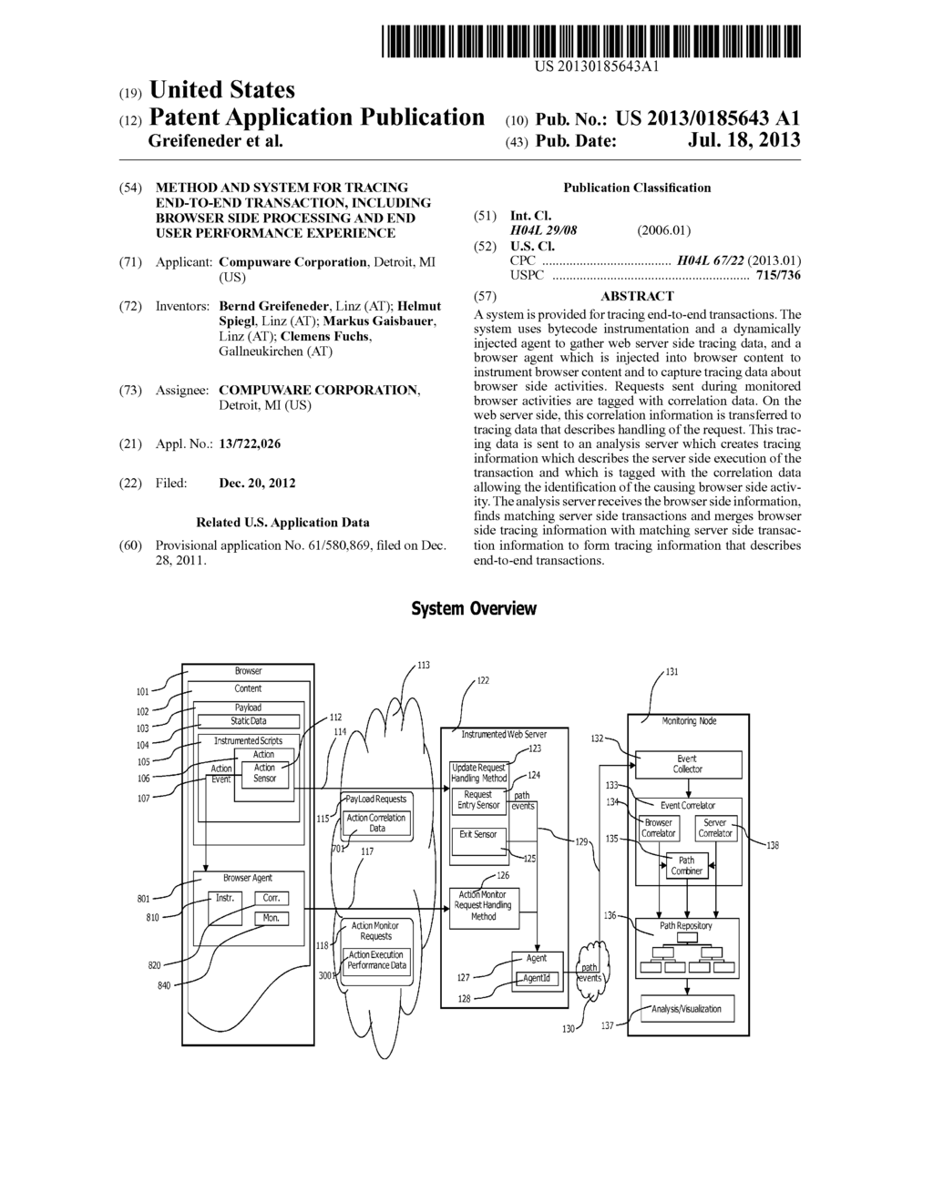 Method And System For Tracing End-To-End Transaction, Including Browser     Side Processing And End User Performance Experience - diagram, schematic, and image 01