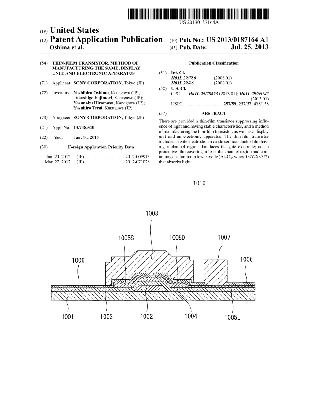 THIN-FILM TRANSISTOR, METHOD OF MANUFACTURING THE SAME, DISPLAY UNIT, AND     ELECTRONIC APPARATUS - diagram, schematic, and image 01